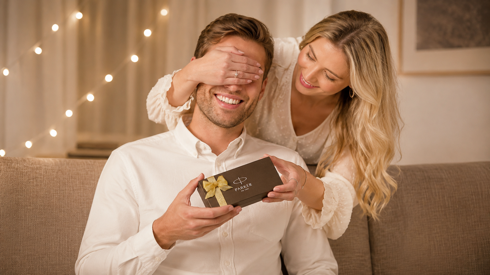 A woman surprising her partner with a gift-boxed Parker pen