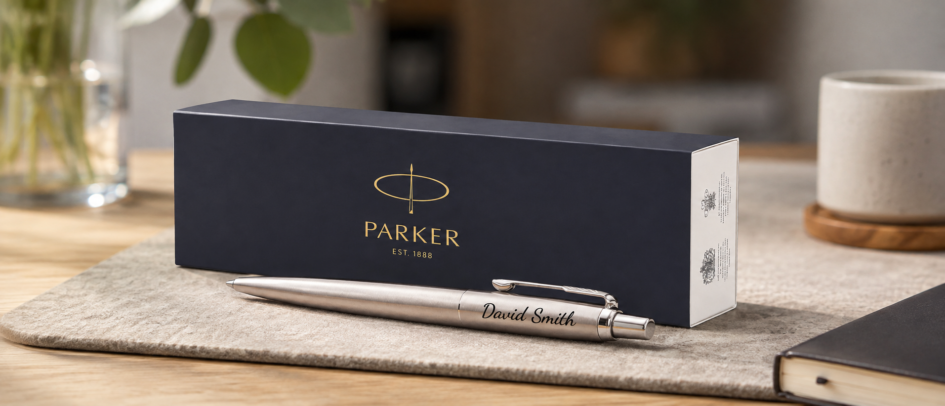Parker Jotter engraved with a name, beside its gift box