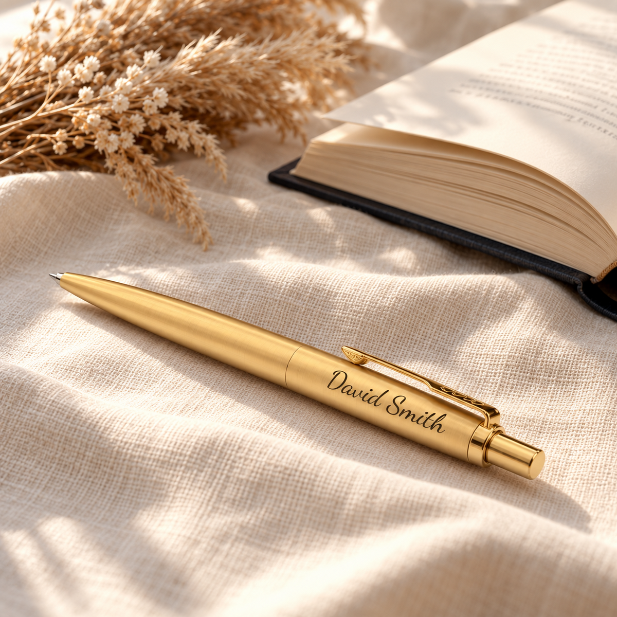 Personalised Parker Jotter Gold pen engraved David Smith on linen with a book