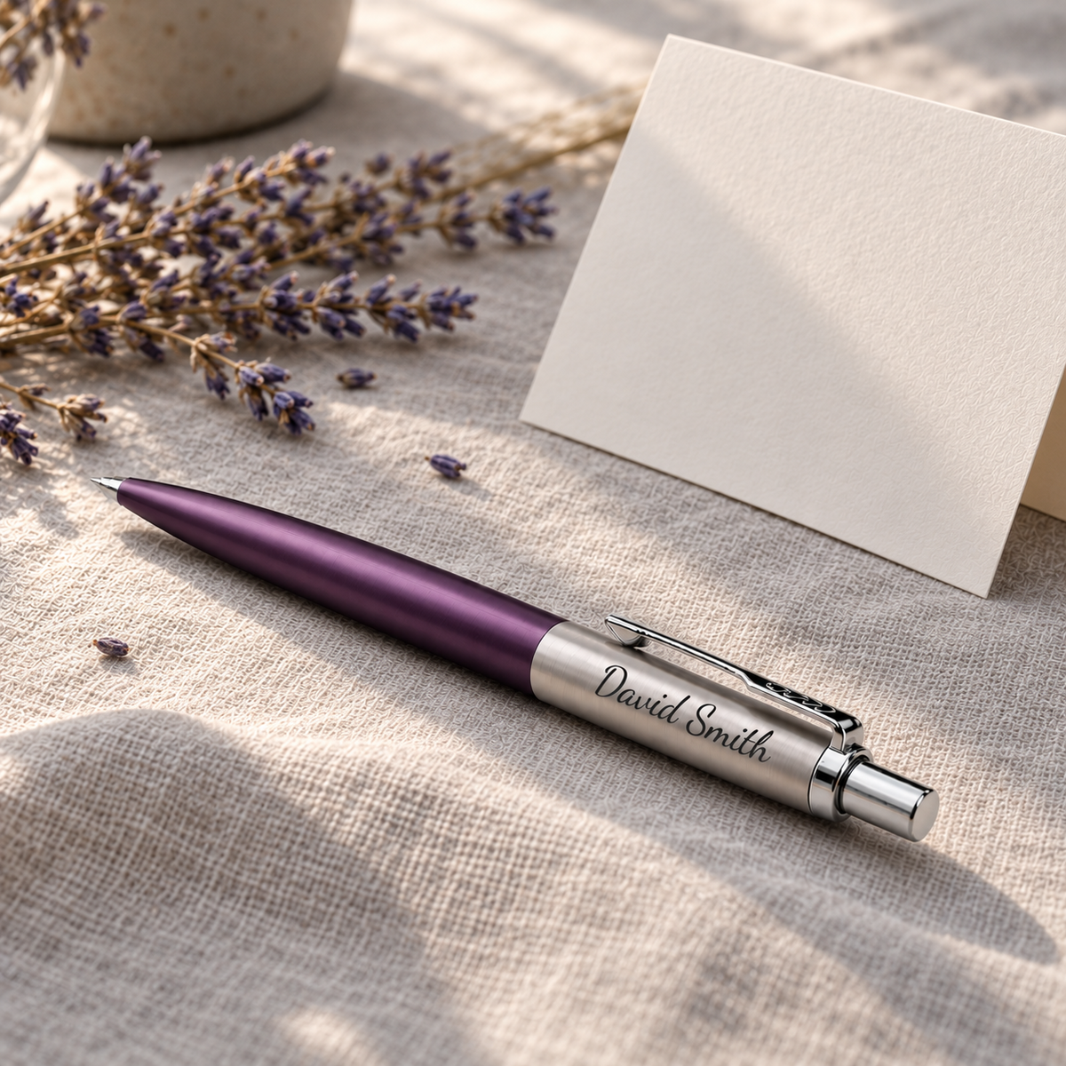 Personalised Parker Jotter Victoria Violet pen engraved David Smith with lavender