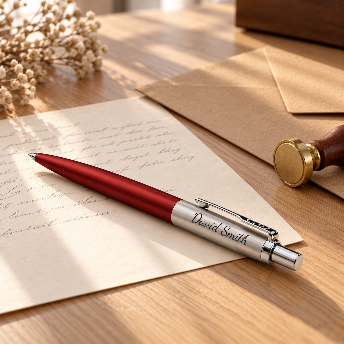 Personalised Parker Jotter Kensington Red pen engraved David Smith on a handwritten letter