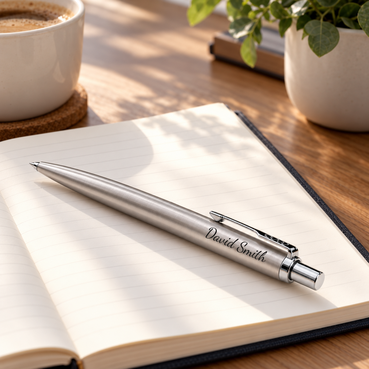 Personalised Parker Jotter stainless steel pen engraved David Smith on an open notebook